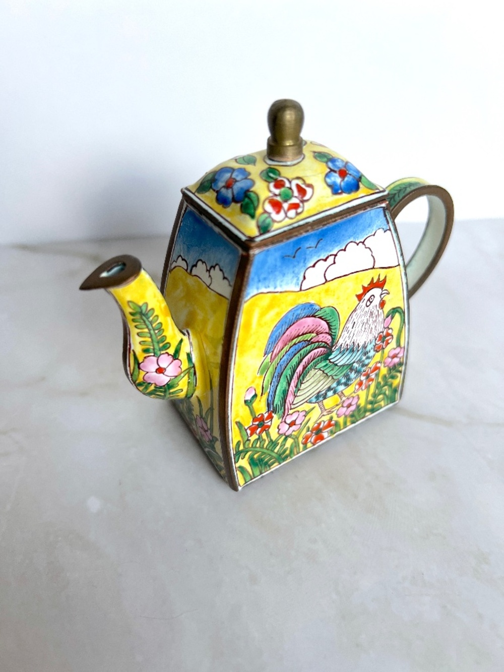 Kelvin Chen Miniature Enamel Teapot Rooster Farmyard No. 273, Hand Painted
